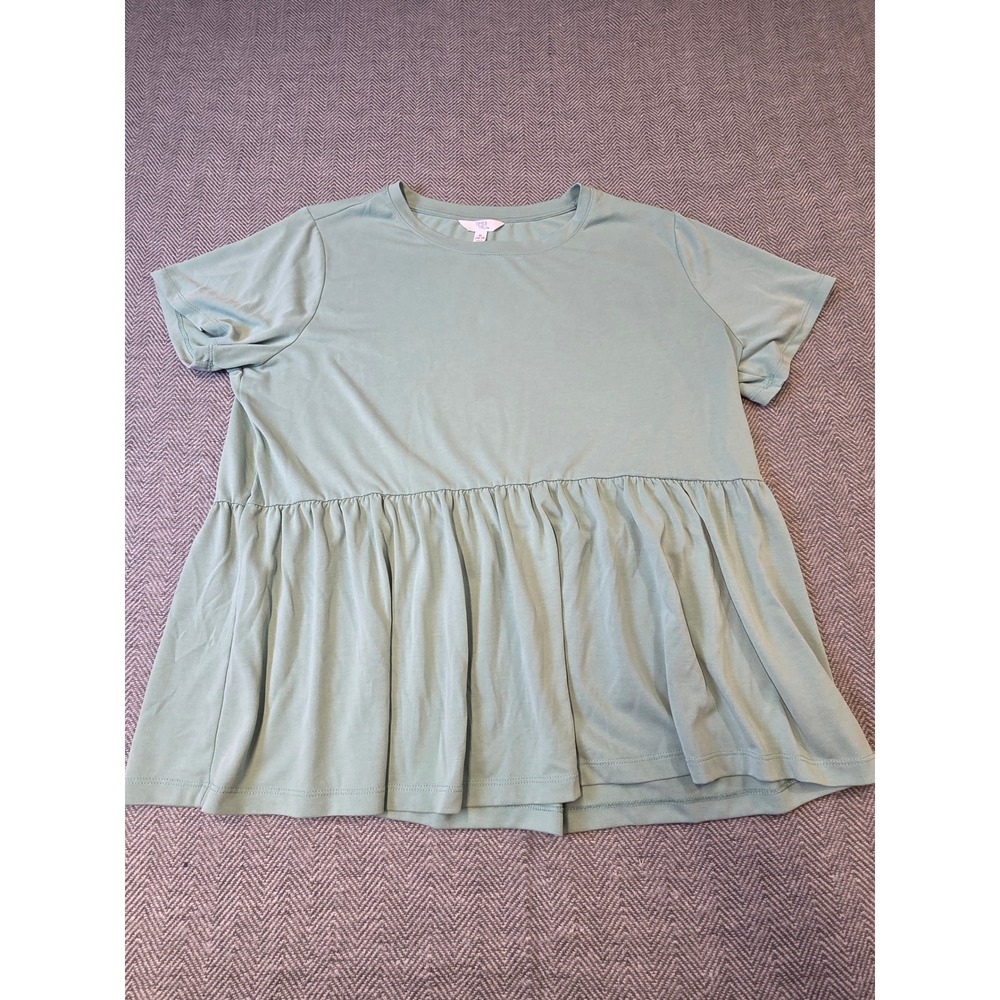 Time And Tru Babydoll Top Women's XL Sage Green Pleated Short Sleeve Round Neck